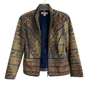 Coldwater Creek Blue & Brown Patterned Jacket Women’s Vintage Fall Floral Print